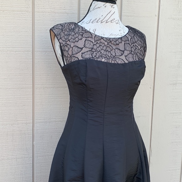 London Times Fit and Flare Dress Black/Nude Satin and Lace Dress - Picture 2 of 12